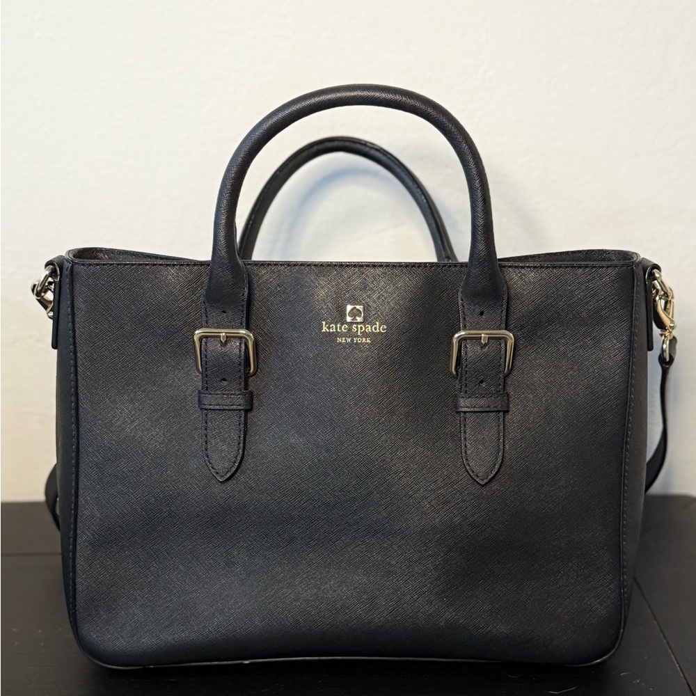 Kate Spade Black Leather Tote Crossbody Bag Gold Hardware